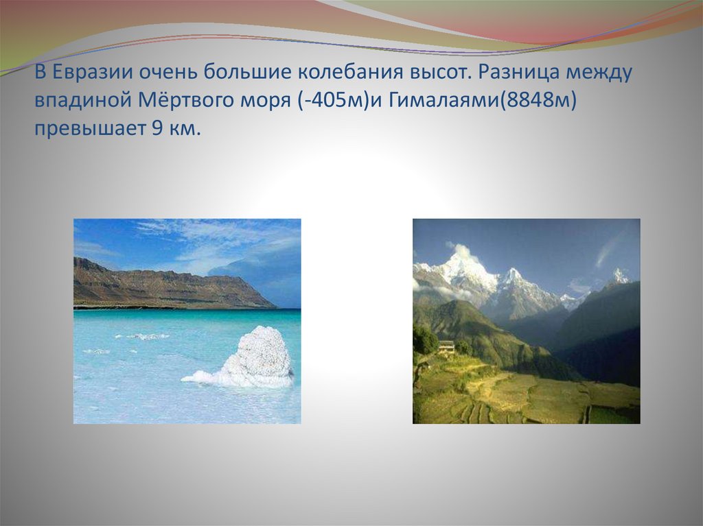 Презентация рельеф евразии. Рельеф мертвого моря. Высочайшая высота Евразии. Впадины Евразии. Наибольшая высота Евразии.