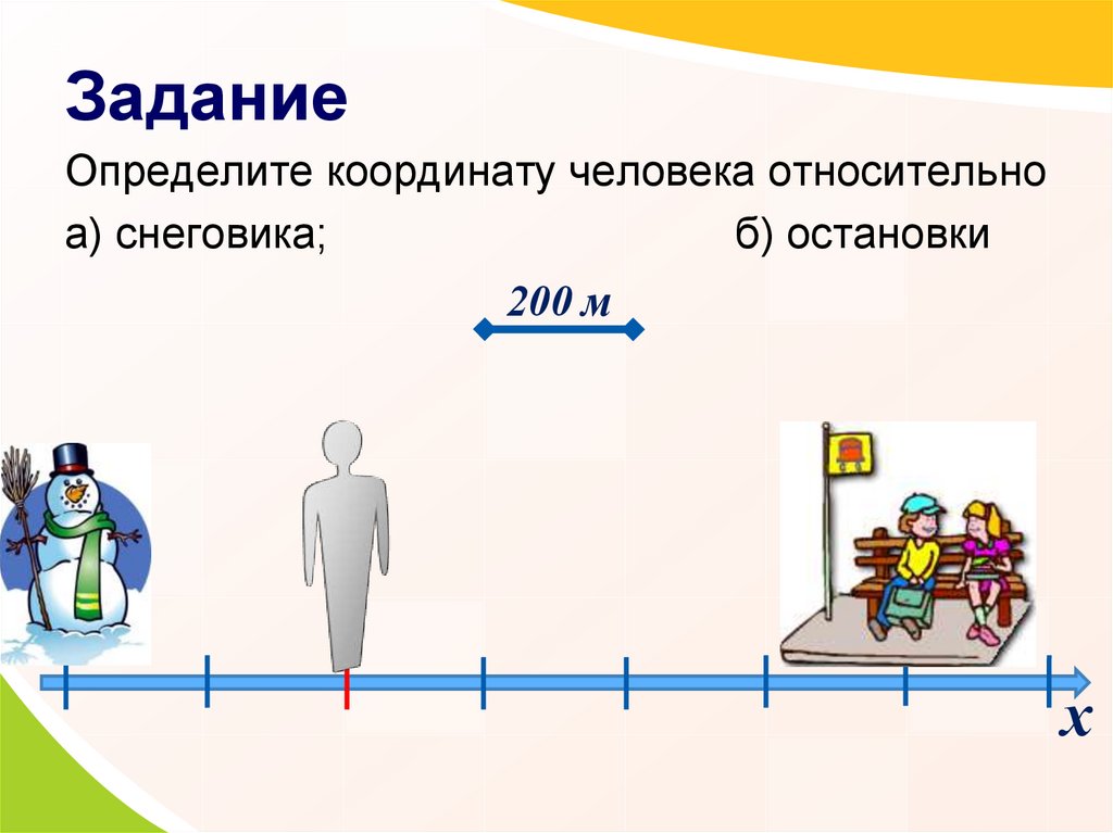 На задании определение. Человек относительно. Метр относительно человека. Определите координату человека относительно снеговика и остановки. Восемь метров относительно человека.