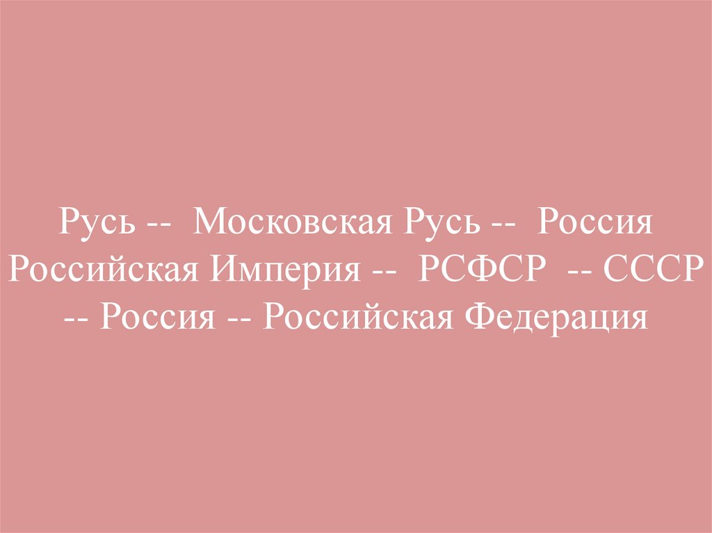 Русь -- Московская Русь -- Россия Российская Империя -- РСФСР -- СССР -- Россия -- Российская Федерация