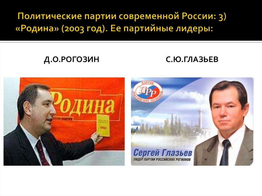 Политические партии современной России: 3) «Родина» (2003 год). Ее партийные лидеры: