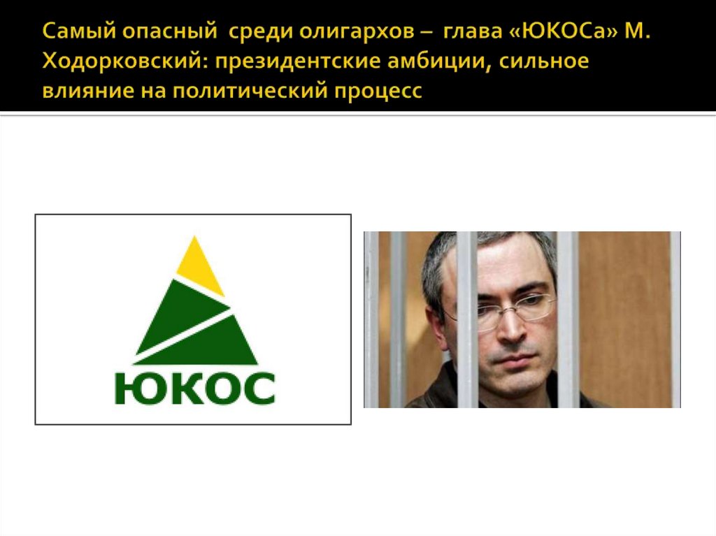 Самый опасный среди олигархов – глава «ЮКОСа» М. Ходорковский: президентские амбиции, сильное влияние на политический процесс