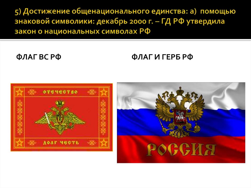 5) Достижение общенационального единства: а) помощью знаковой символики: декабрь 2000 г. – ГД РФ утвердила закон о национальных