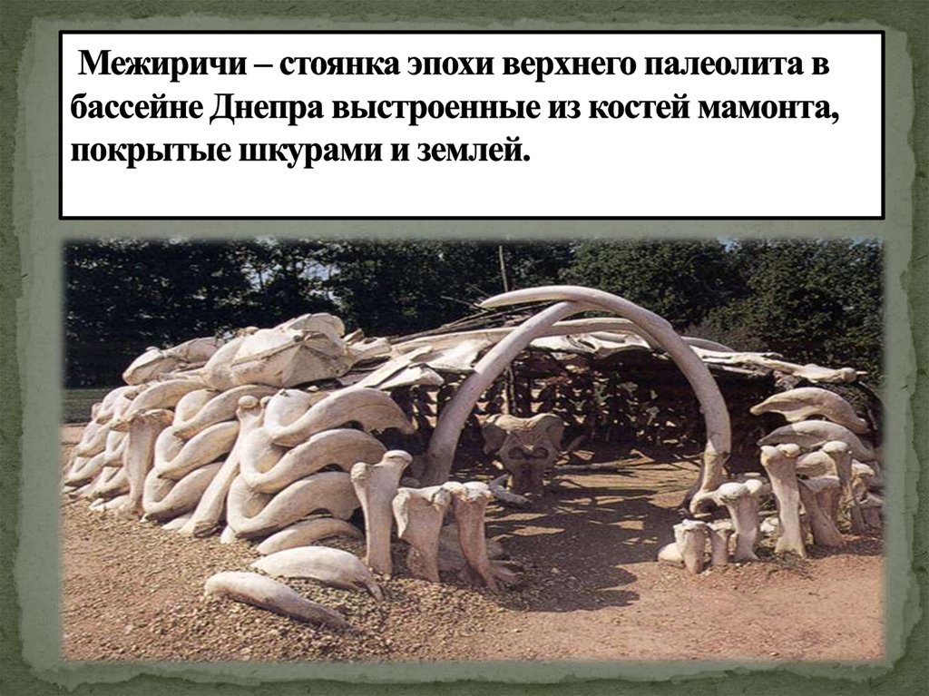 Межиричи – стоянка эпохи верхнего палеолита в бассейне Днепра выстроенные из костей мамонта, покрытые шкурами и землей.