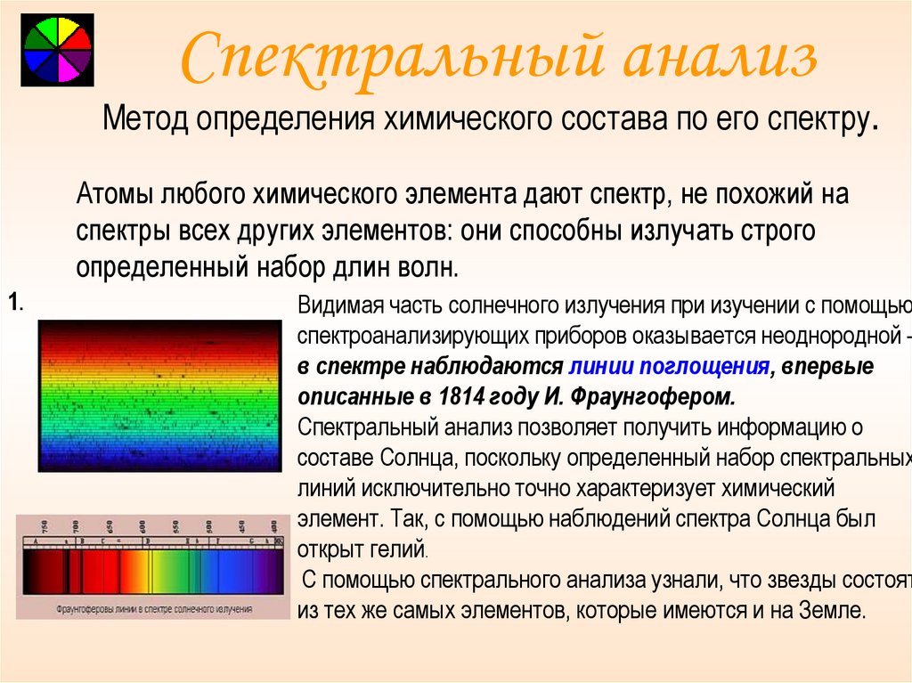 Какой физической характеристикой связано различие в цвете. Спектральный анализ. Спектральный анализ света. Спектры химических веществ спектральный анализ. Метод спектрального анализа.
