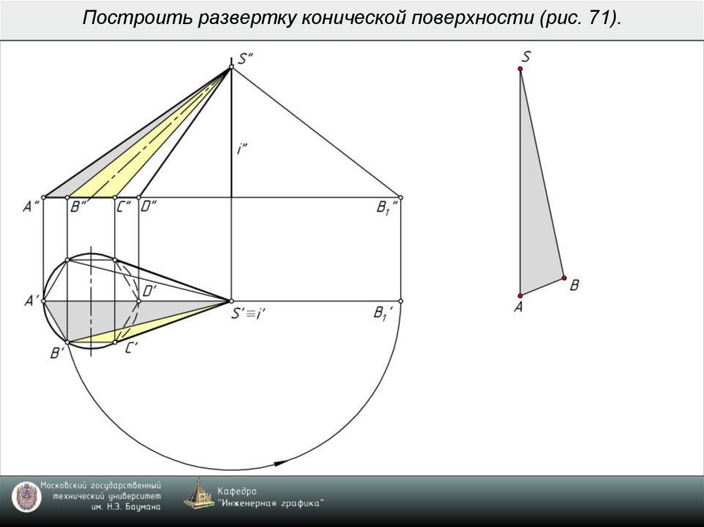 Построение чертежа развертки поверхностей конуса