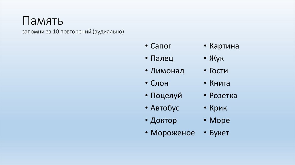 Память запомни за 10 повторений (аудиально)