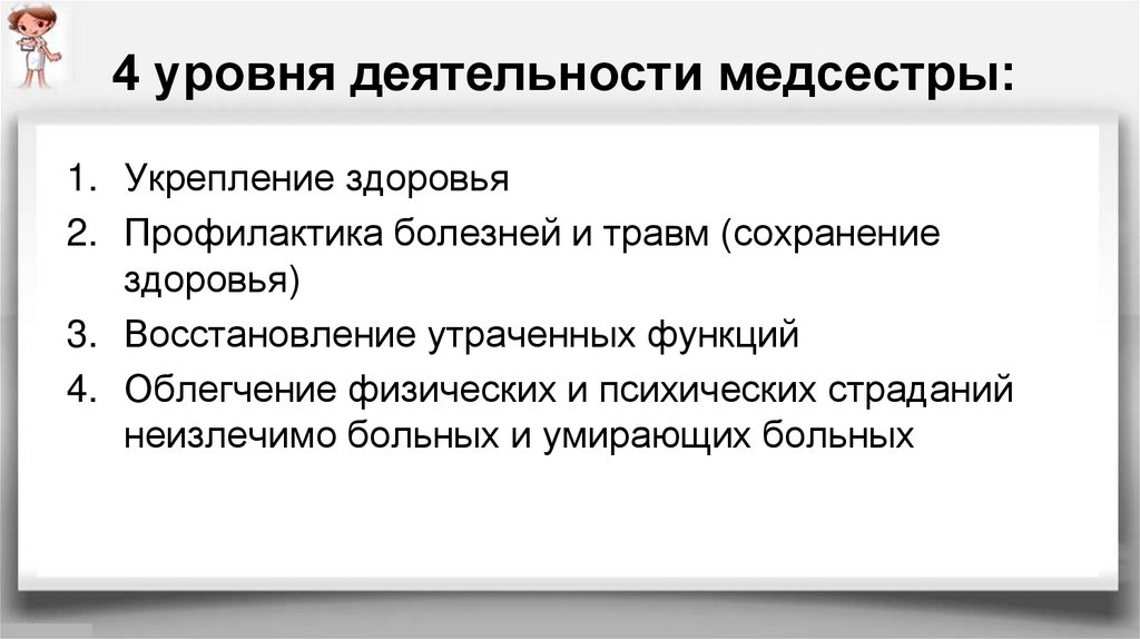 Восстановление утраченных функций. Основные виды деятельности медсестры. Уровни деятельности медицинской сестры. Четыре уровня деятельности медсестры.. Основные уровни деятельности медсестры.