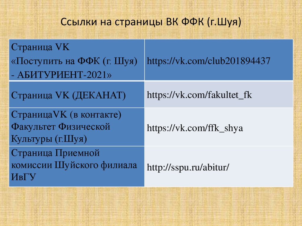 Ссылки на страницы ВК ФФК (г.Шуя)