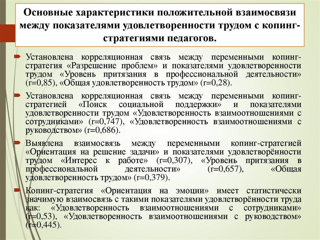 Основные характеристики положительной взаимосвязи между показателями удовлетворенности трудом с копинг-стратегиями педагогов.