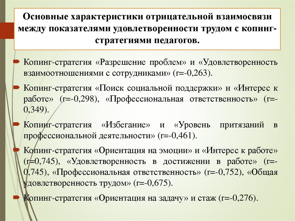 Основные характеристики отрицательной взаимосвязи между показателями удовлетворенности трудом с копинг-стратегиями педагогов.