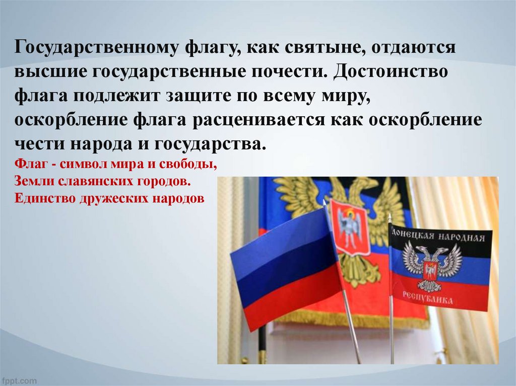 Государственному флагу, как святыне, отдаются высшие государственные почести. Достоинство флага подлежит защите по всему миру,