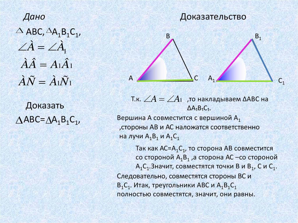 Теорема выражающая 1 признак равенства треугольника. 1. Первый признак равенства треугольников. Доказательство теоремы.. Доказательство первого признака равенства треугольников 7 класс. Доказательство теоремы 1 признак равенства треугольников. Геометрия первый признак равенства треугольников теорема.