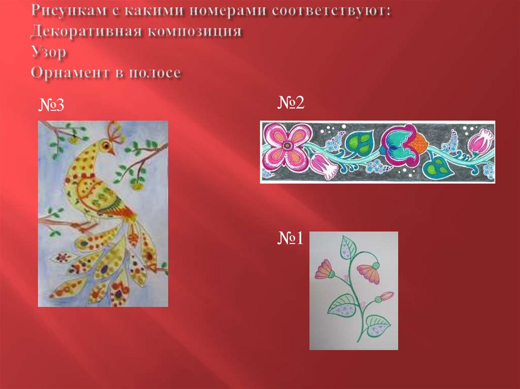 Рисункам с какими номерами соответствуют: Декоративная композиция Узор Орнамент в полосе