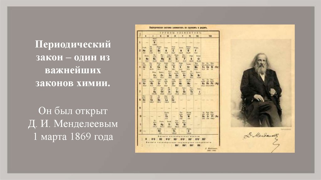 Из истории открытия периодического закона сообщение. Открытие периодического закона д.и. Менделеева. 1869 Менделеев открыл периодический закон химических элементов.