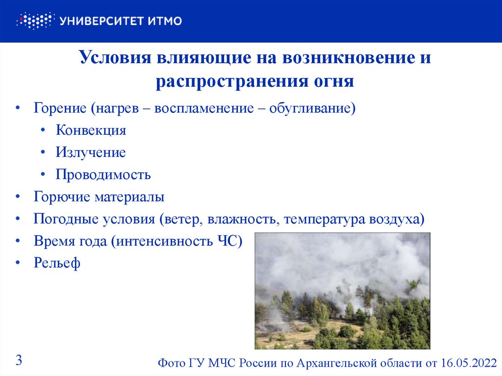 Условия влияющие на возникновение и распространения огня