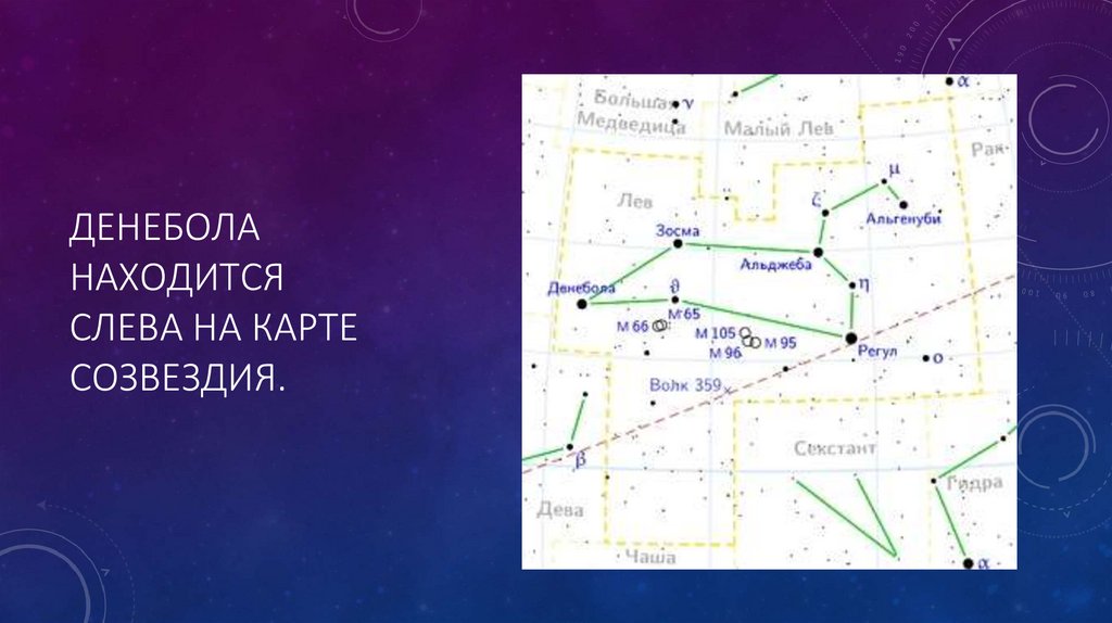 Денебола находится слева на карте созвездия.