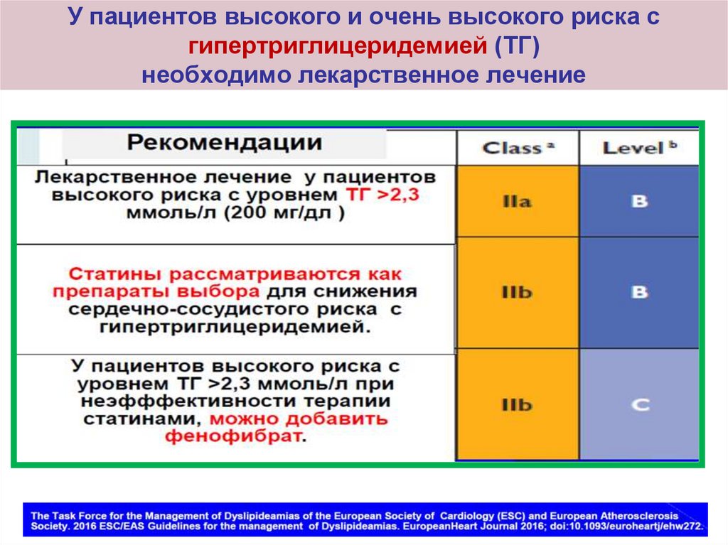 У пациентов высокого и очень высокого риска с гипертриглицеридемией (ТГ) необходимо лекарственное лечение