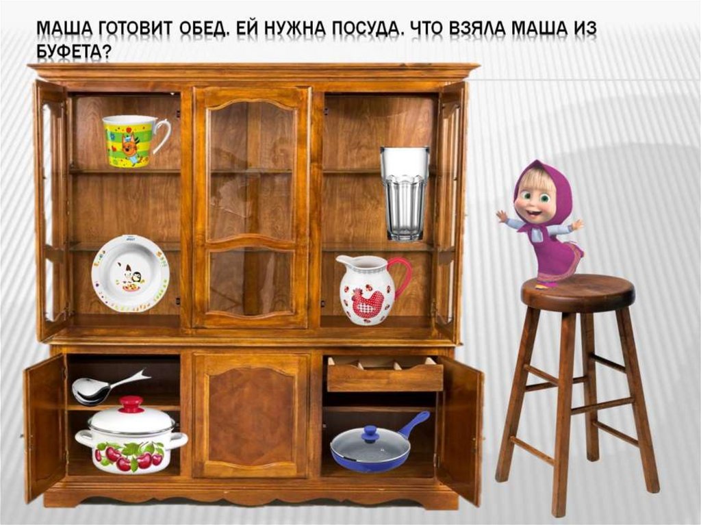 Маша готовит обед. Ей нужна посуда. Что взяла Маша из буфета?