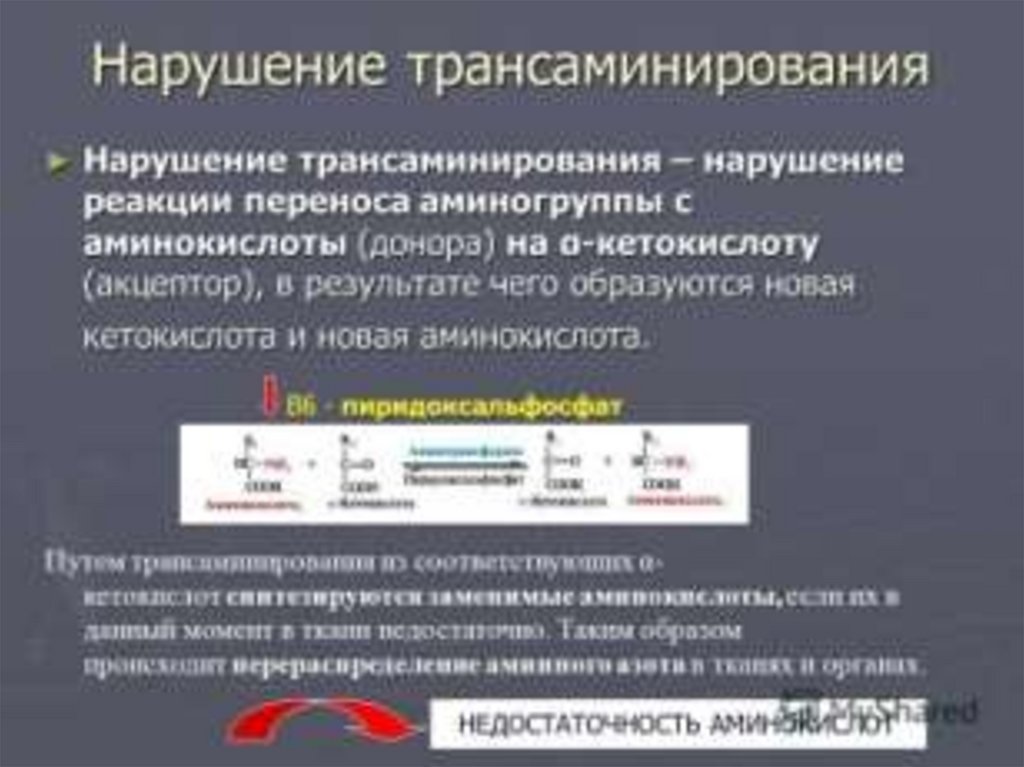 Нарушение реакции. Нарушение трансаминирования. Нарушение трансаминирования аминокислот. Нарушения декарбоксилирования. Нарушение трансаминирования происходит при недостатке витамина.