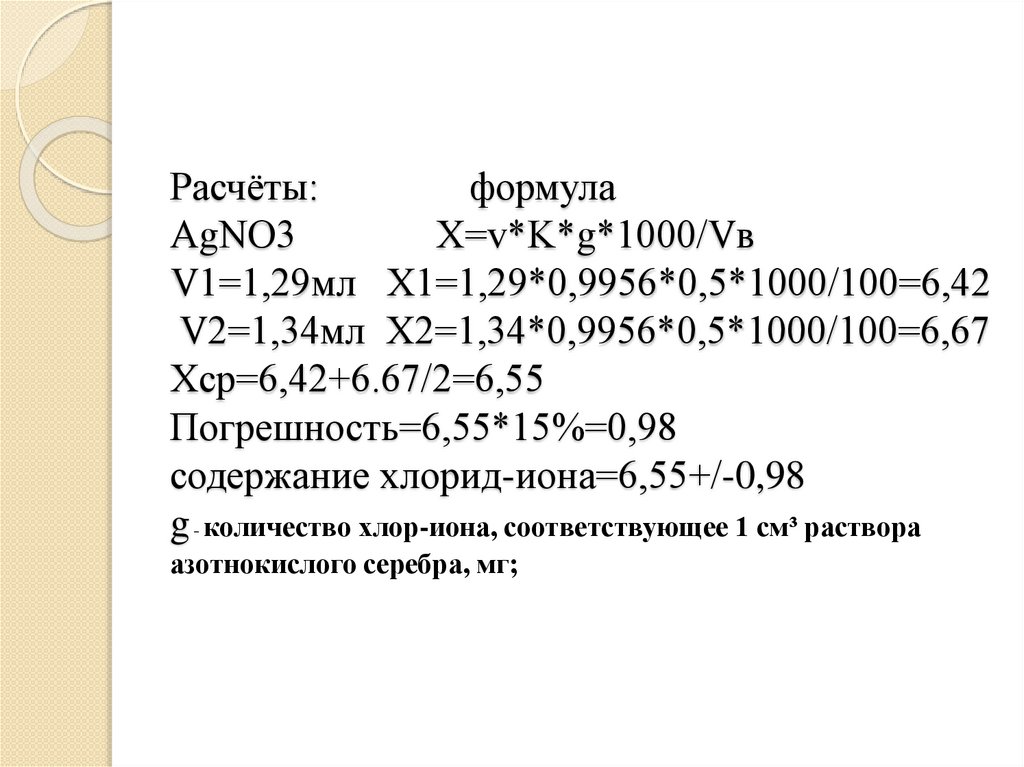 Расчёты: формула AgNO3 X=v*K*g*1000/Vв V1=1,29мл X1=1,29*0,9956*0,5*1000/100=6,42 V2=1,34мл X2=1,34*0,9956*0,5*1000/100=6,67