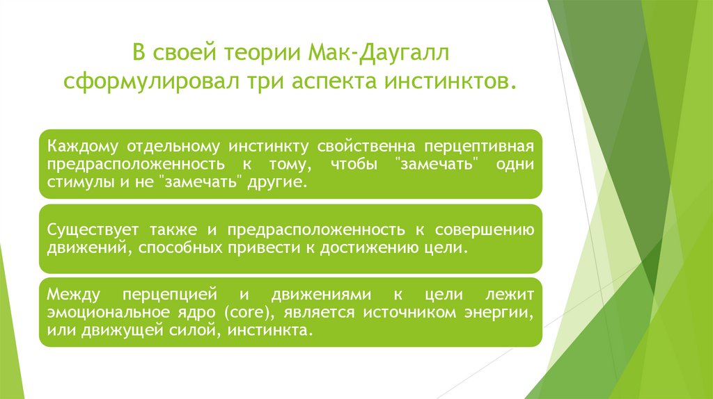 В своей теории Мак-Даугалл сформулировал три аспекта инстинктов.