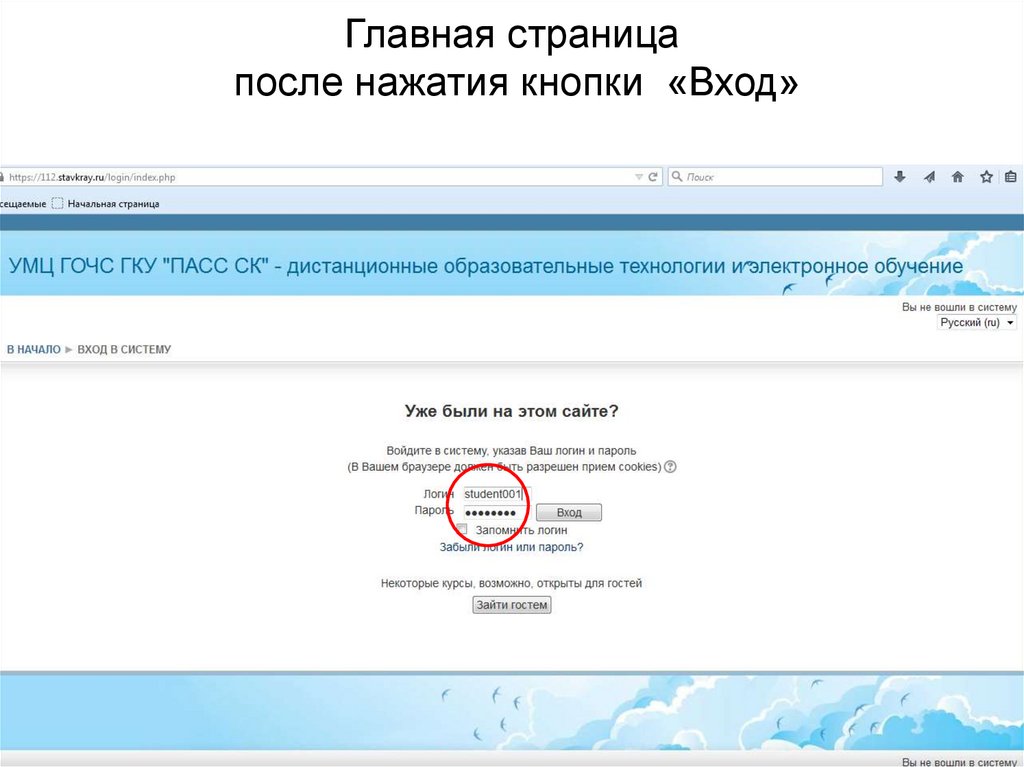Главная страница после нажатия кнопки «Вход»