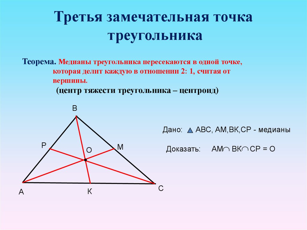 Замечательные теоремы. 4 Замечательные точки треугольника. Медианы треугольника пересекаются. Третья замечательная точка треугольника. Четвертая замечательная точка треугольника.
