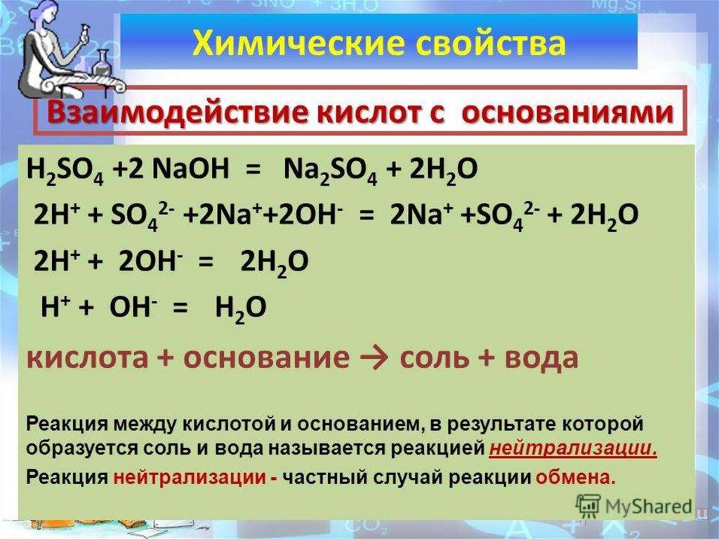 Соляная кислота взаимодействует с ba oh 2. Взаимодействие кислот с основаниями. Взаимодействие кислоты с ОС. Взаимодействие основания с кислотт. Взаимодействие основ и кислот.