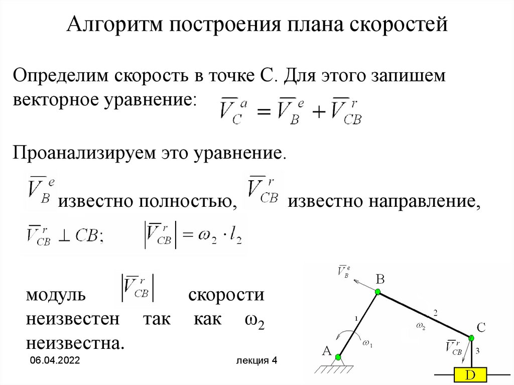 Векторное уравнение для построения плана скоростей шарнирного четырехзвенника