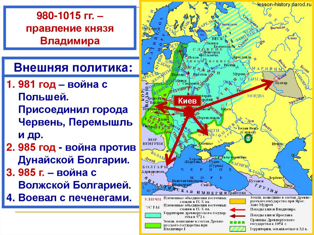 Поход владимира 981. Внешняя политика Владимира 1 Святославовича. Походы князя Владимира Святославича карта. Территории присоединенные при Владимире 1. Правление Владимира 1 крещение Руси.