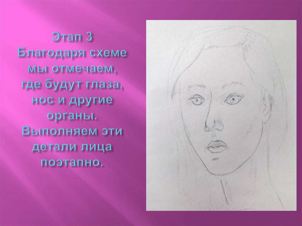 Этап 3 Благодаря схеме мы отмечаем, где будут глаза, нос и другие органы. Выполняем эти детали лица поэтапно.