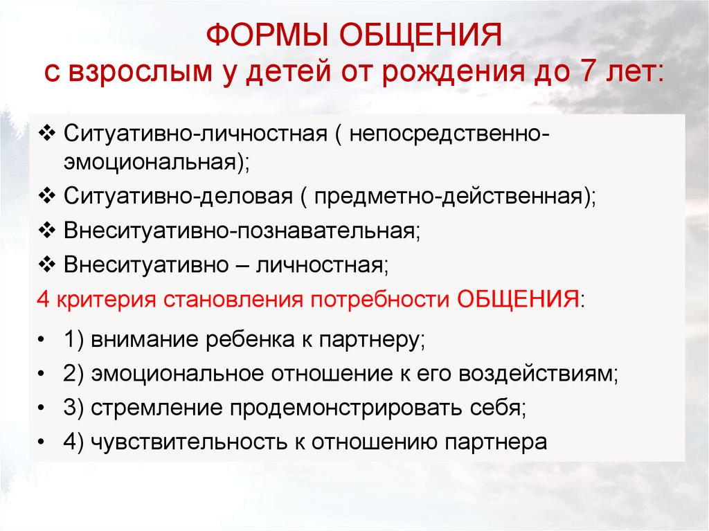 Причины общения. Формы общения. Ситуативно-деловая (предметно действенная). Разговоры на форме. Критерии для становления взрослым.