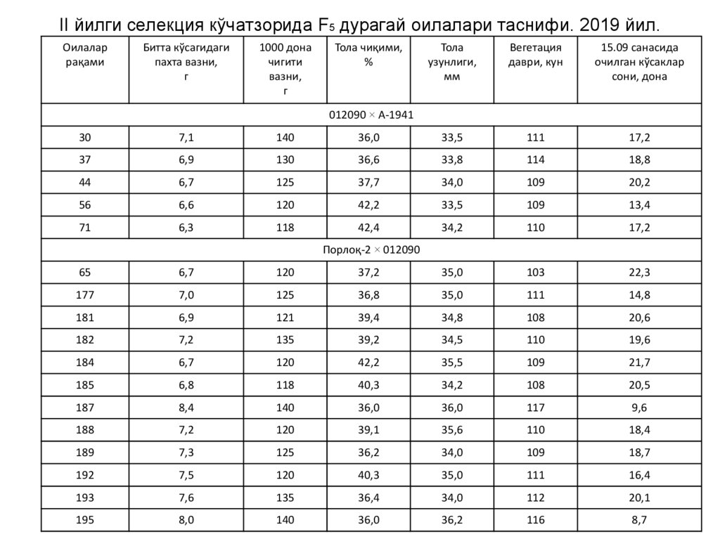 II йилги селекция кўчатзорида F5 дурагай оилалари таснифи. 2019 йил.