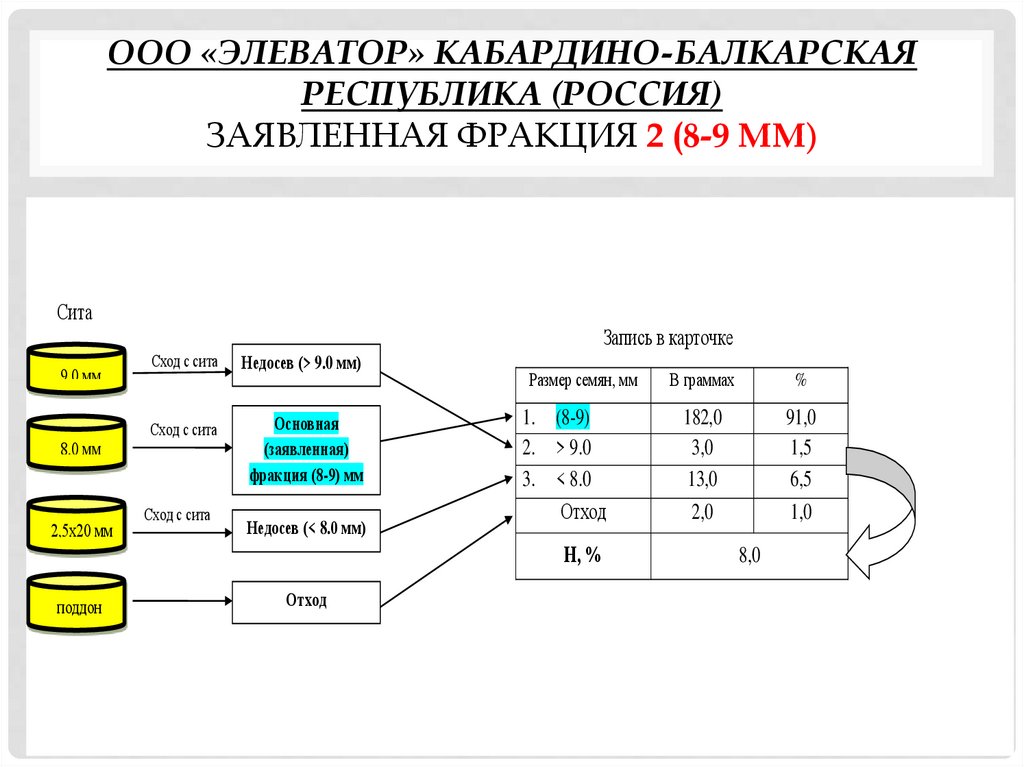 ООО «Элеватор» Кабардино-Балкарская Республика (Россия) заявленная фракция 2 (8-9 мм)