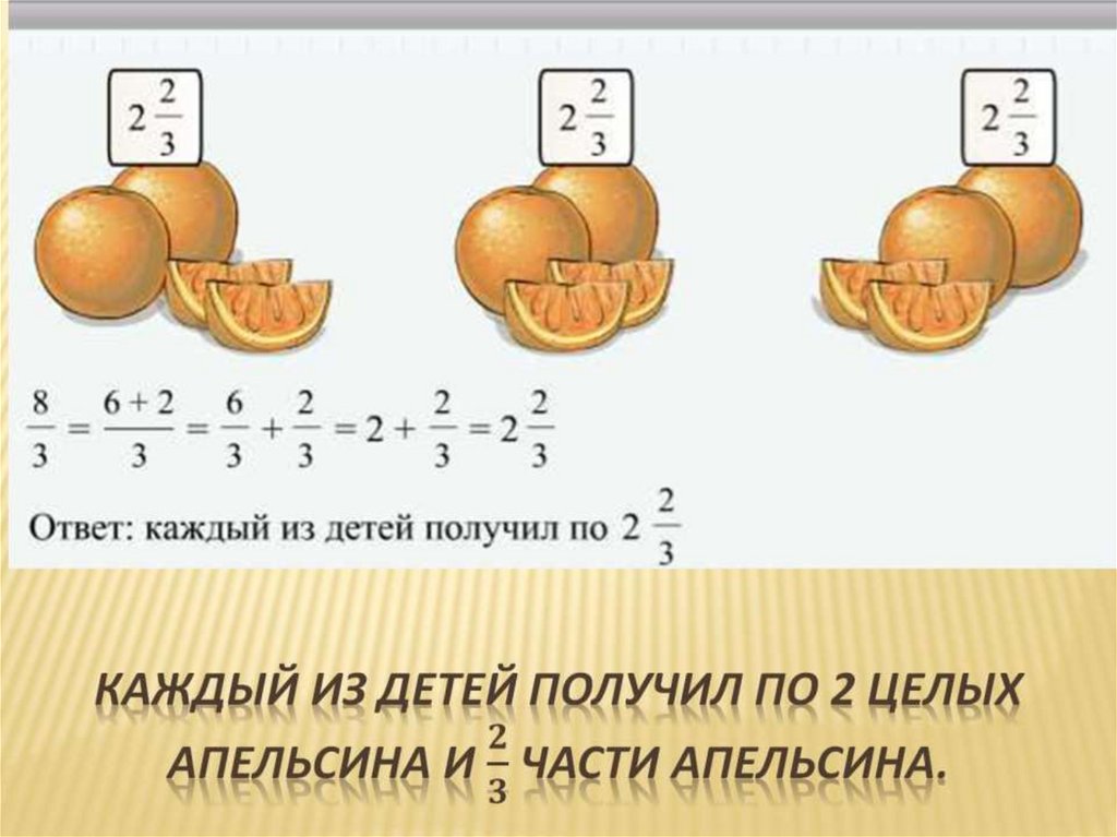 Каждый из детей получил по 2 целых апельсина и □(2/3) части апельсина.