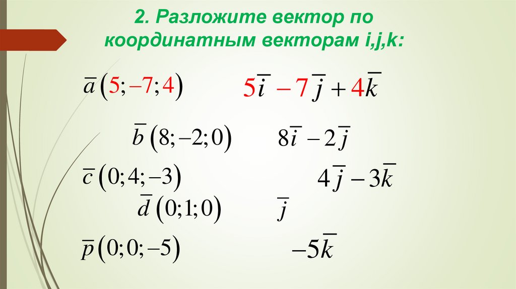2. Разложите вектор по координатным векторам i,j,k: