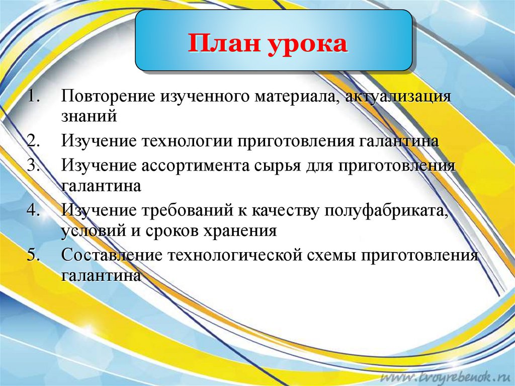 В предмете технология изучается 7 класс. Тип урока повторение изученного материала. Последовательность операций и правила приготовления Галантина.
