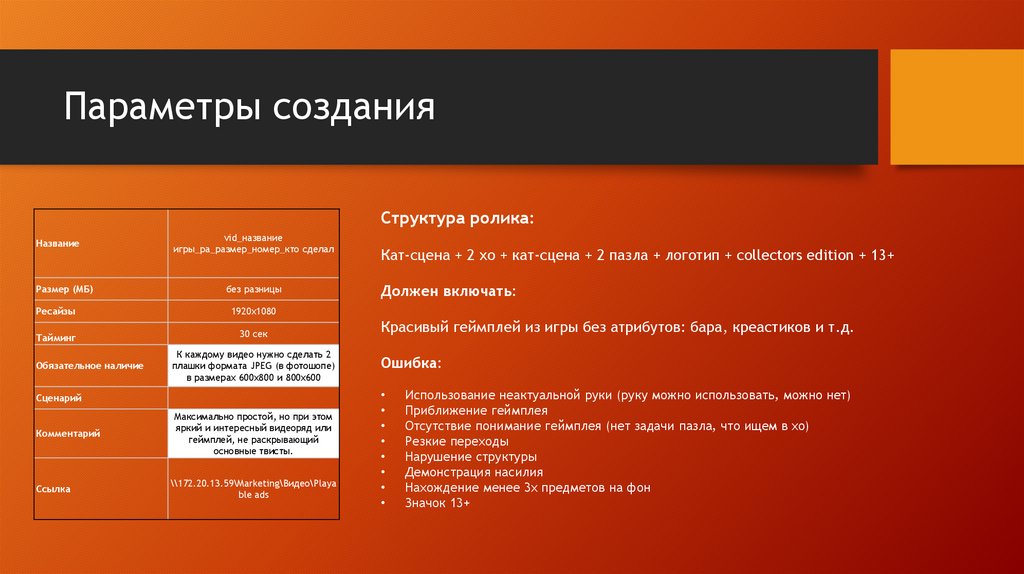 Параметры создания