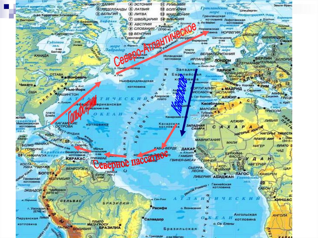 Какие течения атлантического океана. Гольфстрим течения Атлантического океана. Течения Северной части Атлантического океана. Северное пассатное течение в Атлантическом океане. Гольфстрим на карте Атлантического океана.