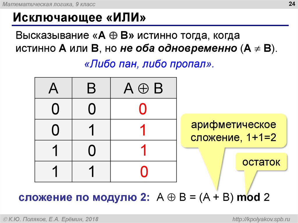 Логические 2. Математическая логика. Сложение по модулю 2 (исключающее или). Логика и математическая логика. Исключающее или.