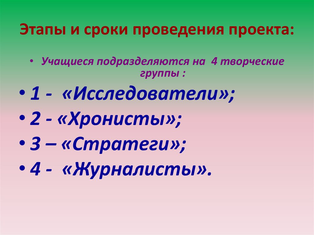 Этапы и сроки проведения проекта:
