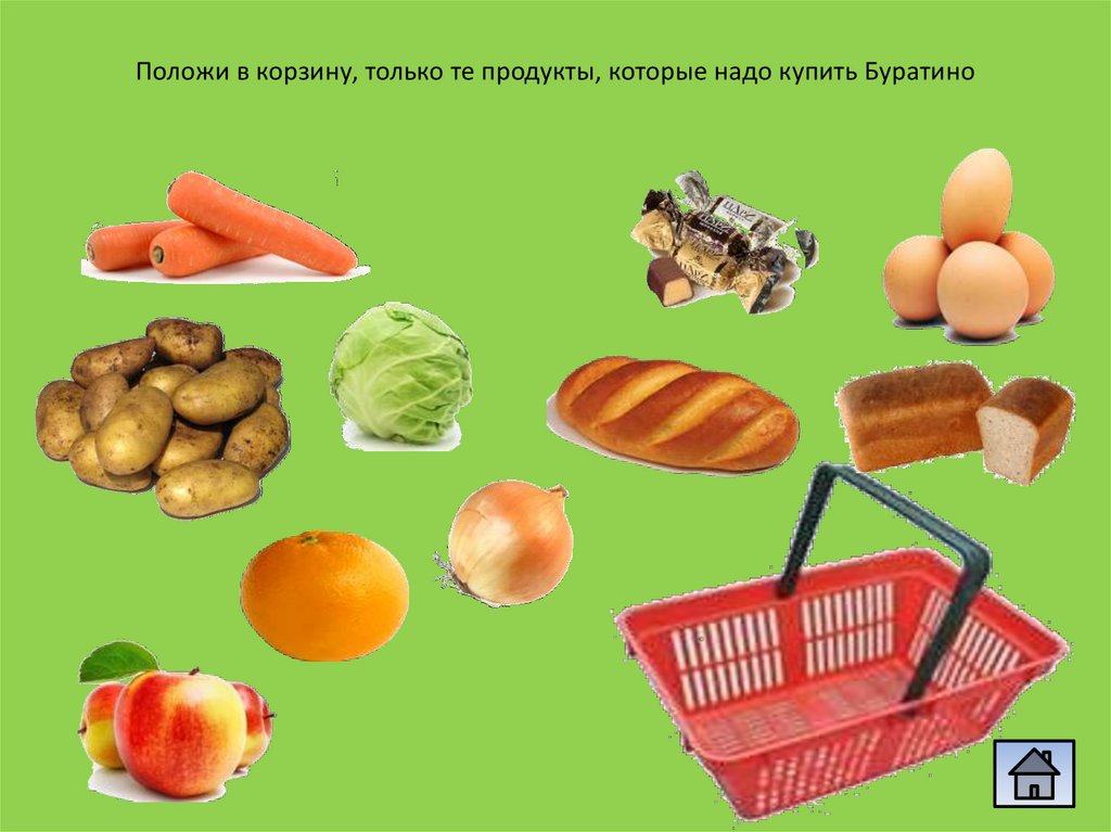 Положи в корзину, только те продукты, которые надо купить Буратино