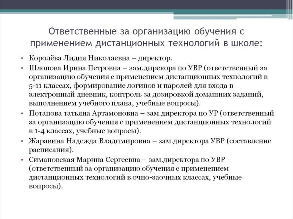 Ответственные за организацию обучения с применением дистанционных технологий в школе: