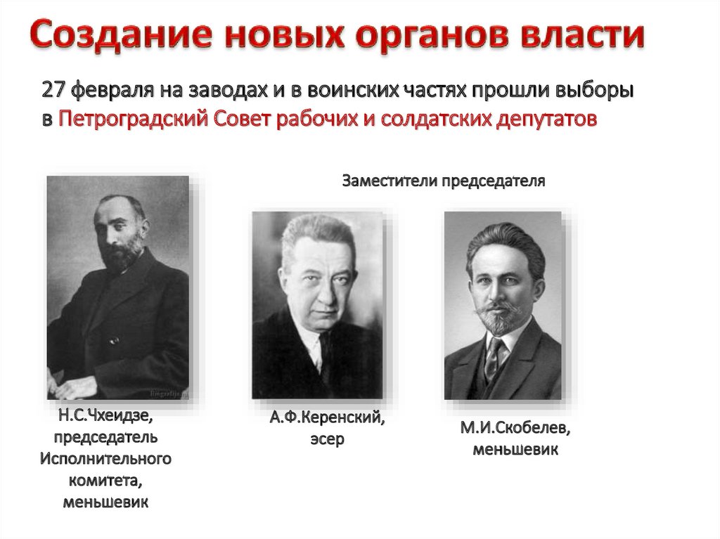 Петроградский совет рабочих и солдатских. Создание новых органов власти. Выборы в Петроградский совет рабочих и солдатских депутатов. Лидеры революции. Чхеидзе Меньшевик возглавлял.