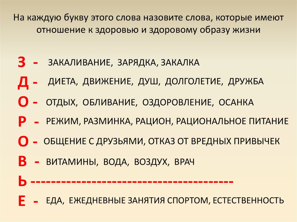 На каждую букву этого слова назовите слова, которые имеют отношение к здоровью и здоровому образу жизни