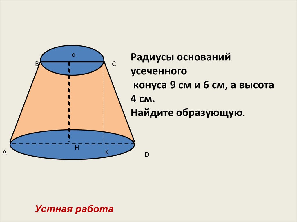 Как найти образующую если известен радиус. Радиус основания усеченного конуса. Радиус сечения усеченного конуса. Радиусы оснований усечённого конуса. Образующая усечённого конуса.