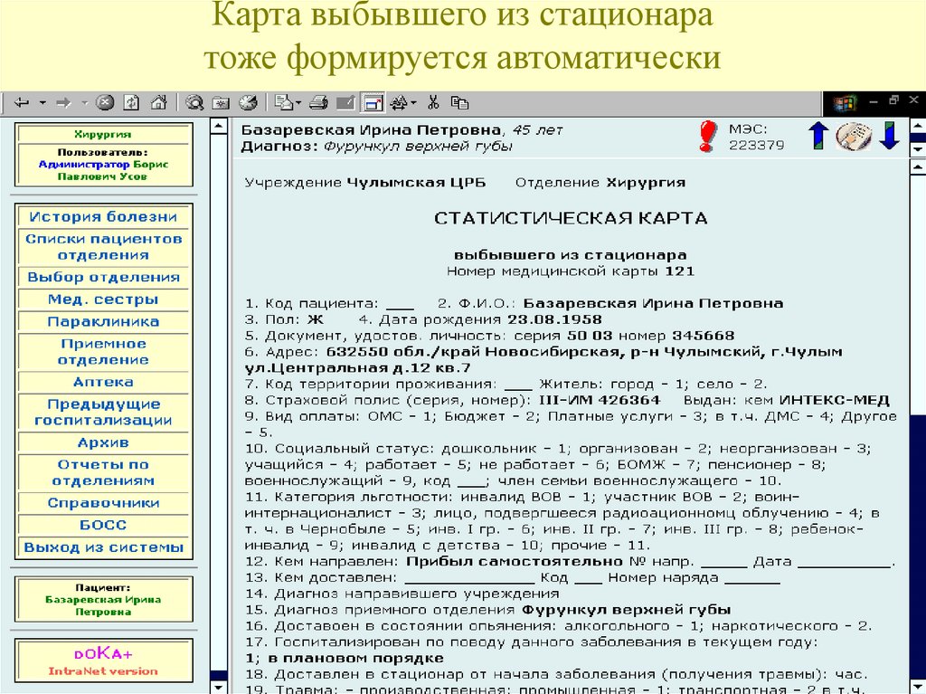 Статистическая карта выбывшего из стационара заполненная пример