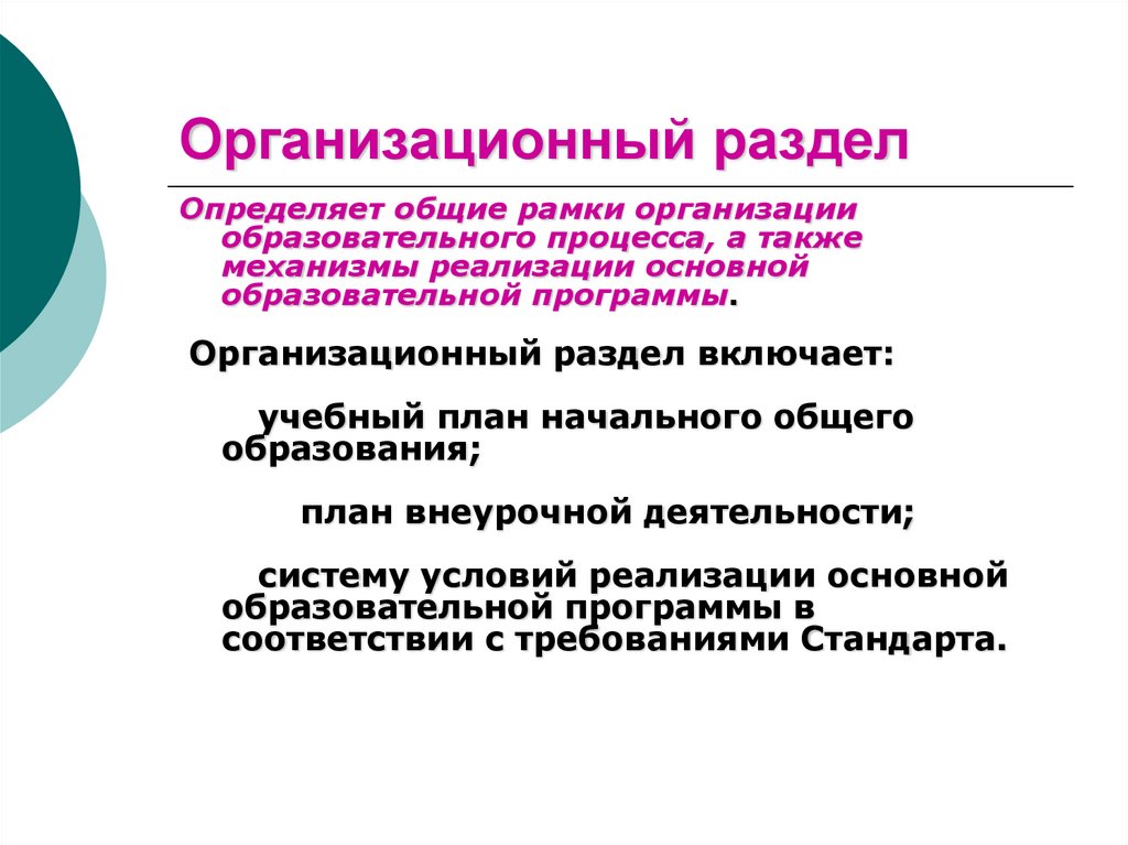 Какие разделы включает программа начального общего образования. Организационный раздел программы. Организационный раздел программы начального общего. Организационный раздел образовательной программы. Организационный раздел программы включает.