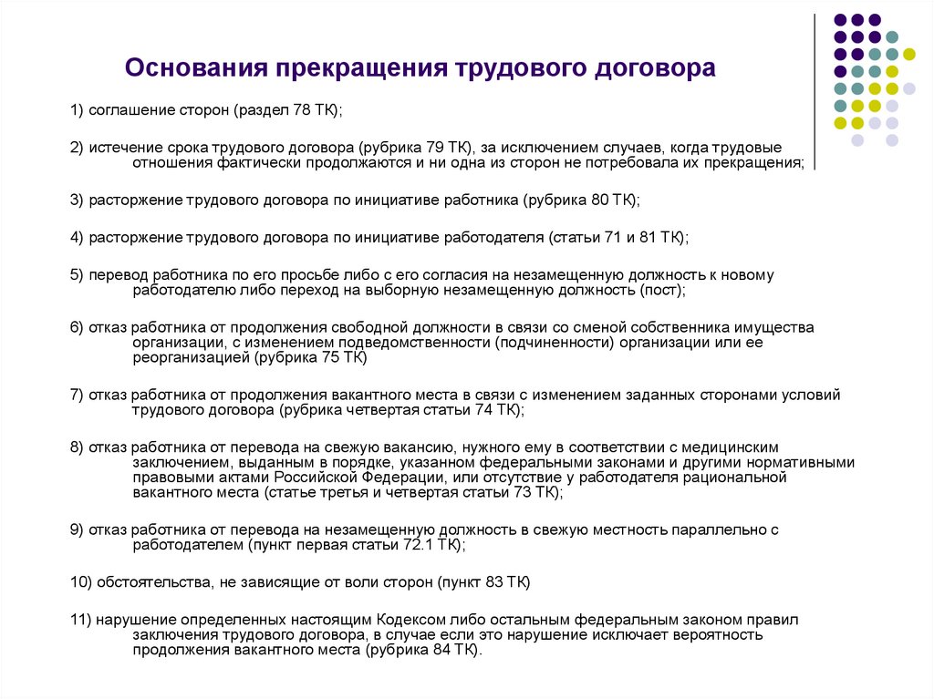 Истечение срока трудового договора приводит. Основания прекращения трудового договора соглашение сторон. Окончание трудового договора статья. Статья трудового кодекса истечение срока трудового договора. Основание расторжение трудового договора от работодателя.