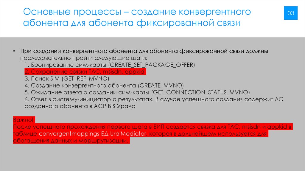Основные процессы – создание конвергентного абонента для абонента фиксированной связи